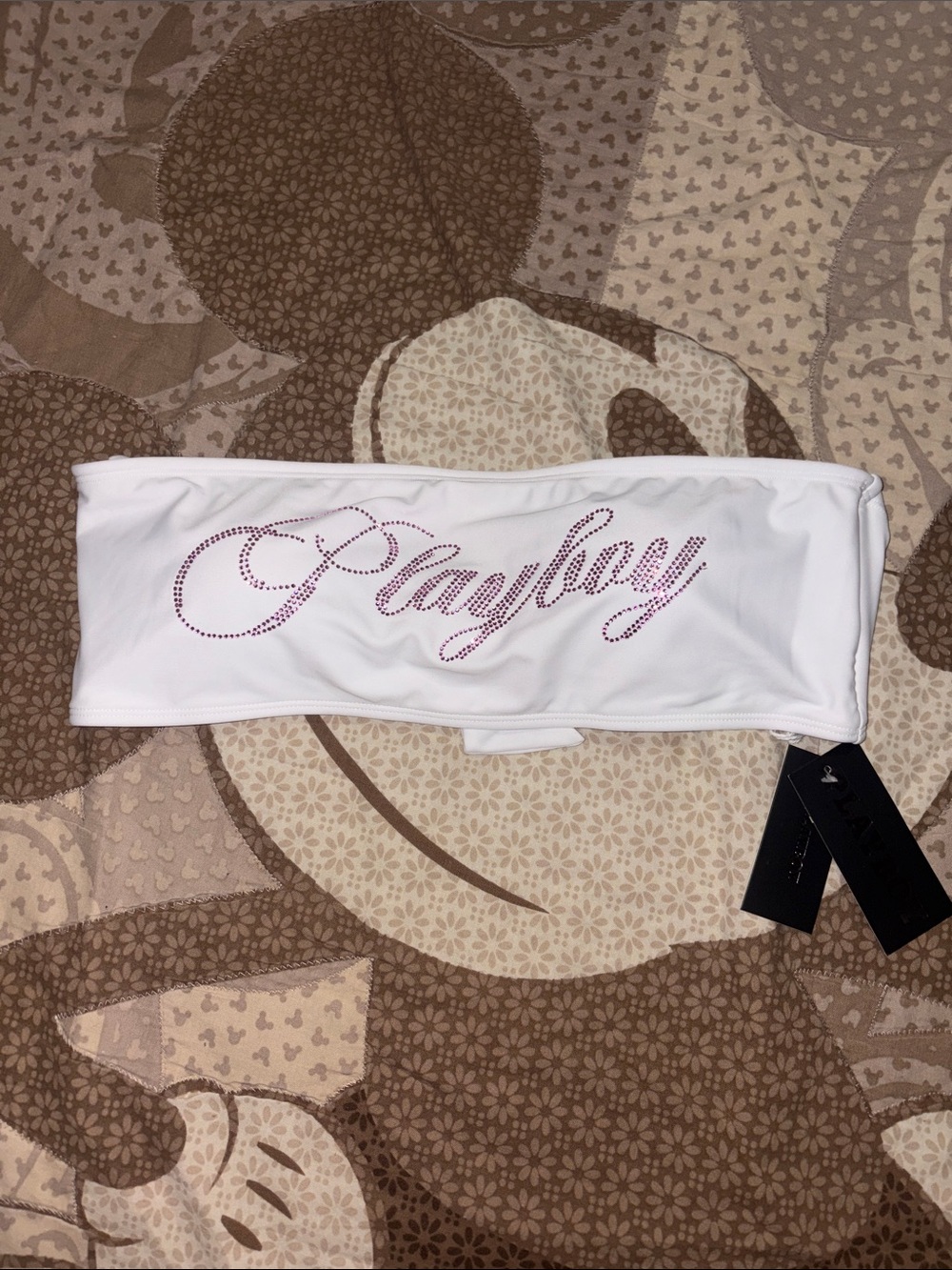 PLAYBOY White Strapless Bandeau with Pink Rhinestone Script